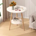Modern minimalist white round bedside table with double tier storage shelf for living room home. - 60x60x70cm / Warm White
