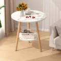 Modern minimalist round side table with wooden legs and storage shelf for bedroom living room - 60x60x70cm / White Marble Texture