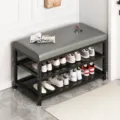 Panca scarpiera in metallo con cuscino in pelle grigia e ripiano a due livelli. - Panca Portascarpe a Due Livelli / 60x32x48cm / Cuscino Grigio / Telaio in Ferro Nero