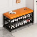 Panca scarpiera moderna per ingresso con morbido cuscino in pelle arancione e struttura in metallo. - Panca Portascarpe a Doppio Ripiano / 80x32x48cm / Cuscino Arancione / Telaio in Ferro Nero