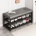 Panca da Ingresso per Scarpe con Struttura in Metallo Nero e Cuscino in Pelle Grigia - Panca Portascarpe a Doppio Ripiano / 80x32x48cm / Cuscino Grigio / Telaio in Ferro Nero