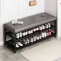 Panca scarpiera moderna in metallo con cuscino in pelle grigia, organizer portascarpe da ingresso. - Panca Portascarpe a Doppio Ripiano / 100x32x48cm / Cuscino Grigio / Telaio in Ferro Nero