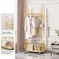 Gold freestanding coat rack with wheels, metal clothing garment rack with storage basket. - 60cm Length / Gold