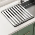 Stainless Steel Foldable Dish Drying Rack Gray Roll Up Kitchen Sink Drainer Mats - Thickened Wide Edge Tri-Fold Drain Rack / 35x32.5cm