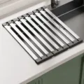 Stainless steel roll-up dish drying rack, foldable kitchen sink rack for bowls and plates. - Thickened Wide Edge Tri-Fold Drain Rack / 38x32.5cm