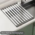 Stainless Steel Roll-Up Dish Drying Rack Gray Variant 45x32.5cm Kitchen Sink Organizer - Thickened Wide Edge Tri-Fold Drain Rack / 44x32.5cm