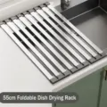 Stainless steel roll-up dish drying rack for kitchen sink, foldable tableware organizer shelf. - Thickened Wide Edge Tri-Fold Drain Rack / 54x32.5cm