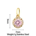 Stainless steel pendant close up detail showcasing pink zircon stone and size specs. - Small Round Pendant (PJ0233-02) / Pink