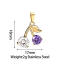 Stainless steel cherry pendant with white and purple cubic zirconia stones for DIY jewelry. - Cherry Pendant Only (Without Chain) (PJ0245-02) / 18x17mm / Purple