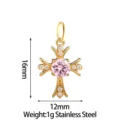 Stainless Steel Pink Cubic Zirconia Cross Pendant DIY Fashion Jewelry Charm 16x12mm - Pink (PJ0231-02)