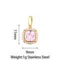 Gold stainless steel pink cubic zirconia square pendant jewelry detail with size specifications. - Sugar Cube (PJ0243-02) / 11x9mm / Pink