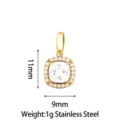 Close-up detail view of the square stainless steel cubic zirconia pendant, showing precise dimensions. - Sugar Cube (PJ0243-02) / 11x9mm / White