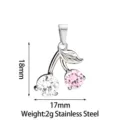 Stainless steel cherry pendant necklace charm with pink and white cubic zirconia stones. - Cherry Pendant Only (Without Chain) (PJ0245-01) / 18x17mm / Pink