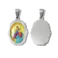 Ciondolo con ritratto religioso in acciaio inossidabile, vista frontale e posteriore dettagliata. - Vergine Maria Ovale Argento Intagliato (TP2911-01zj1)