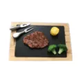 Rectangular bamboo wooden serving tray with black slate insert, ideal for steak and sushi. - Flat Knit / 36x24cm