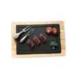 Rectangular black slate steak plate with bamboo wood tray, creative serving tableware. - Brushed Finish / 36x24cm