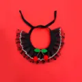 Detailed close-up of pet lace bib with black dots, white wavy edges and red cherry decor. - XS / Black