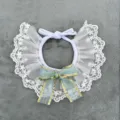 Detailed view of white lace pet collar with blue gold bow, cute cat dog bib accessory. - Light Blue