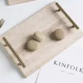 Natural travertine marble tray with luxury gold metal handles for desktop storage decor. - Handle Style / Large (30x20cm)