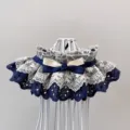 Detailed view of the blue and white lace pet bib with cute bows, perfect for small dogs and cats. - S / Navy Blue