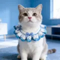 Close-up detail of blue and white crochet pet collar featuring cute checkered bows for cats. - One Size / Blue