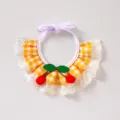 Cute yellow plaid pet scarf with white lace trim, purple bow, and sweet cherry decoration. - XS / Yellow