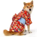 Japanese pet kimono for small dogs and cats, featuring a vibrant red fan print and a cute bow. - Red (White Band Style)