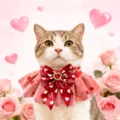 Détail bavette animal Saint-Valentin, collier dentelle rouge avec nœud, accessoire chat. - XS / Style gemme cœur rouge