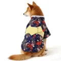 Detailed view of Japanese style dog kimono pet clothes with koi fish and bow design for pets. - Navy Blue
