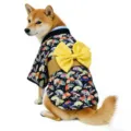 Japanese style pet kimono for small dogs cats traditional fan print costume with yellow bow - Black (Yellow Belt Style)
