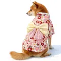 Detailed view of Japanese style pet kimono, cute sakura floral print and big bow. - Pink Flower Style