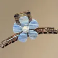 Molla per capelli a fiore blu, grande pinza squalo in resina 13cm con perla per acconciature. - Fiore di Perla / Grande (circa 13 cm) / Fiore Blu (Base Grigio Trasparente)