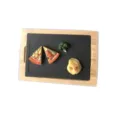 Rectangular black slate serving tray with wooden frame for restaurant and home dining use. - Brushed with Cup Slot / 36x24cm