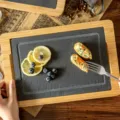 Rectangular black slate serving tray with natural bamboo wood frame for sushi, steak and cheese. - Brushed Finish / 45x24cm