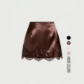Brown satin miniskirt with delicate lace hem trim and multi-color options display. - S / Coffee
