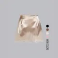 Satin short skirt detail view, elegant lace hem trim, smooth glossy fabric finish. - S / Apricot