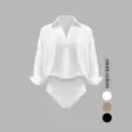 Minimalist solid color V-neck long sleeve shirt bodysuit, stylish apparel detail view. - S / White