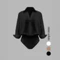 Women's minimalist V-neck long sleeve shirt bodysuit solid color casual chic elegant top - S / Black