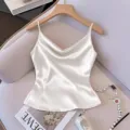 Women fashion solid color satin camisole V-neck elegant summer slip top for daily wear - S / White