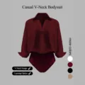 Body casual con cuello en V para mujer, elegante romper de camisa de manga larga con solapa. - Burdeos