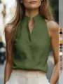 Elegante top smanicato minimalista in tinta unita con collo alto scollo a V dettaglio - Taglia S / Top / Verde militare