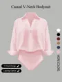 Casual V-neck long sleeve shirt bodysuit for women, solid color minimalist apparel. - S / Pink