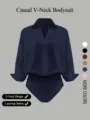 Casual V-neck long sleeve shirt bodysuit, solid color layerable design for women. - S / Navy Blue