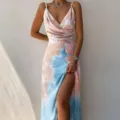 Γυναικείο φόρεμα tie dye με V λαιμόκοψη και ψηλό σκίσιμο καλοκαιρινό μακρύ σέξι - Ροζ Ανθικό