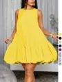 Abito estivo smanicato con orno a palloncino, vestito casual trapezoidale tinta unita elegante. - Taglia S / Giallo