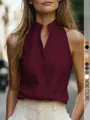 Elegante Camicetta Donna Senza Maniche Collo Alto Scollo V Estate Top Casual Chic - Taglia S / Top / Borgogna