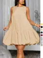 Abito a palloncino smanicato minimalista da donna, vestito estivo svasato casual. - Taglia S / Kaki