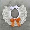 Cute lace pet collar with orange bow, delicate cat and dog bib, decorative neckwear accessory. - Orange-Yellow