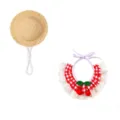 Cute pet straw hat and red checkered lace cherry bib set, summer small dog cat accessories - One Size / Red Small Ball Combination