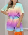 Mameluco corto de verano con cuello en V y degradado con cordón ajustable para mujer. - S / Degradado de Arcoíris